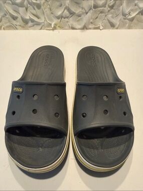 CROCS Navy Slide Sandals with Yellow Accent